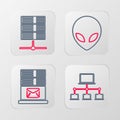 Set line Computer network, Mail server, Alien and Server, Data, Web Hosting icon. Vector