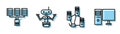 Set line Computer network, Server, Data, Web Hosting, Robot and Computer monitor icon. Vector Royalty Free Stock Photo