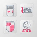 Set line Computer network, Shield for game, Video graphic card and icon. Vector Royalty Free Stock Photo