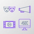 Set line Computer PC monitor with 4k video technology, Play Video, Megaphone and Comedy and tragedy theatrical masks Royalty Free Stock Photo