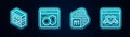 Set line Computer, Software, Processor and Browser with shield. Glowing neon icon. Vector