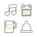 Set line Condom, Coffee cup and heart, Calendar with and Music note, tone hearts icon. Vector Royalty Free Stock Photo