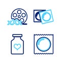 Set line Condom in package, Bottle with pills for potency, Condoms and Film reel Sex icon. Vector