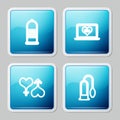 Set line Condom safe sex, Laptop with 18 plus content, Male and female heart and Penis pump icon. Vector Royalty Free Stock Photo