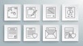 Set line Confirmed document and check mark, Blank notebook pen, Contract with shield, Mail e-mail, Shopping building