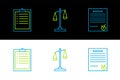 Set line Confirmed document and check mark, Clipboard with checklist and Scales of justice icon. Vector