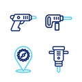 Set line Construction jackhammer, Circular saw blade, Electric drill machine and cordless screwdriver icon. Vector Royalty Free Stock Photo