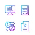 Set line Contract money, Job promotion exchange money, Monitor with graph chart and Calculator. Gradient color icons