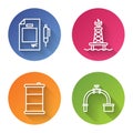 Set line Contract money and pen, Oil rig with fire, Barrel oil and Industry pipe and valve. Color circle button. Vector