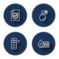 Set line Contract with shield, Bomb, Fingerprint door lock and Firewall, security wall with long shadow. Blue circle