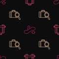 Set line Conveyor belt with suitcase, Lost baggage and Escalator up on seamless pattern. Vector