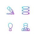 Set line Cook, Chicken leg, Ketchup bottle and Sausage. Gradient color icons. Vector