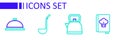 Set line Cookbook, Kettle with handle, Kitchen ladle and Covered tray of food icon. Vector