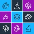 Set line Cookie or biscuit, Brownie chocolate cake and Pudding custard icon. Vector Royalty Free Stock Photo