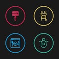 Set line Cooking live streaming, Kitchen apron, Barbecue grill and steel grid icon. Vector