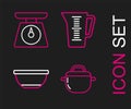 Set line Cooking pot, Bowl, Measuring cup and Scales icon. Vector