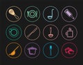 Set line Cooking pot, Coffee cup, Kitchen ladle, Knife, Washing dishes, whisk, and Plate, fork and knife icon. Vector Royalty Free Stock Photo