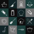 Set line Cooking pot, Crossed fork and spoon, Salt pepper, Grater, and Chef hat icon. Vector