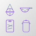 Set line Cooking pot, Cutting board, Kitchen colander and Ball tea strainer icon. Vector Royalty Free Stock Photo