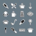 Set line Cooking pot, Frying pan, soup, Coffee cup, Chef hat and fork, Grater and icon. Vector