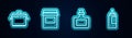 Set line Cooking pot, Jam jar, Sauce bottle and . Glowing neon icon. Vector Royalty Free Stock Photo