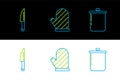 Set line Cooking pot, Knife and Oven glove icon. Vector