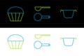 Set line Cooking pot, Muffin and Measuring spoon icon. Vector