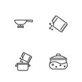 Set line Cooking pot, and spice, Frying pan on fire and Packet of pepper icon. Vector Royalty Free Stock Photo