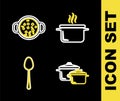 Set line Cooking pot, Spoon and soup icon. Vector