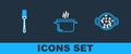 Set line Cooking soup in pot, Fork and icon. Vector