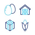 Set line Corn, Bale of hay, Farm house and Chicken egg icon. Vector