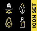 Set line Corn, Tequila bottle, Avocado fruit and Mexican man sombrero icon. Vector Royalty Free Stock Photo