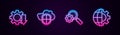 Set line Cost reduction, Cloud and shield, Magnifying glass gear and Globe of the Earth. Glowing neon icon. Vector