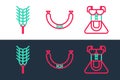 Set line Costume for women dirndl, Wheat and Sausage icon. Vector