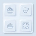 Set line Cottage cheese, Yogurt container, Butter butter dish and Cheese. White square button. Vector