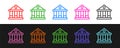 Set line Courthouse building icon isolated on black and white background. Building bank or museum. Vector