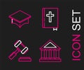 Set line Courthouse building, Judge gavel, Holy bible book and Graduation cap icon. Vector Royalty Free Stock Photo