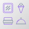 Set line Covered with tray, Burger, Ice cream in waffle cone and Steak meat icon. Vector
