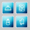 Set line Covered with tray of food, Cookbook, Salt and Oven glove icon. Vector