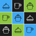 Set line Covered with tray of food, Cooking pot and Coffee cup icon. Vector