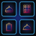 Set line Covered with tray of food, Cutting board, and Gas stove. Gradient color icons. Vector