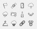 Set line Covered with tray of food, Medal, Smartphone, mobile phone, Cloud snow, Flag, Add new folder, Chain link and