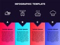 Set line Covered with tray of food, Scales, Bowl hot soup and Chef hat. Business infographic template. Vector