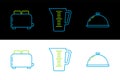 Set line Covered with a tray of food, Toaster toasts and Measuring cup icon. Vector