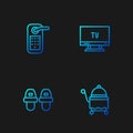 Set line Covered with tray, Hotel slippers, Digital door lock and Smart Tv. Gradient color icons. Vector