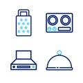 Set line Covered with tray, Kitchen extractor fan, Gas stove and Grater icon. Vector