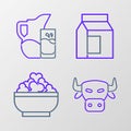 Set line Cow head, Cottage cheese, Paper package for milk and Milk jug pitcher and glass icon. Vector Royalty Free Stock Photo