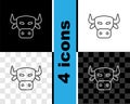 Set line Cow head icon isolated on black and white, transparent background. Vector Royalty Free Stock Photo