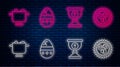 Set line Cracked egg, Christian chalice, Egg in hot pot and Easter egg in a wicker nest. Glowing neon icon on brick wall Royalty Free Stock Photo