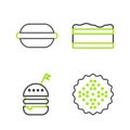 Set line Cracker biscuit, Burger, Brownie chocolate cake and Macaron cookie icon. Vector